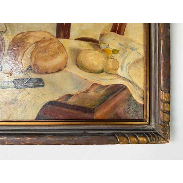 1949 Vintage Still Life Kitchen Setting Oil on Board Painting, Wood Framed For Sale - Image 9 of 12