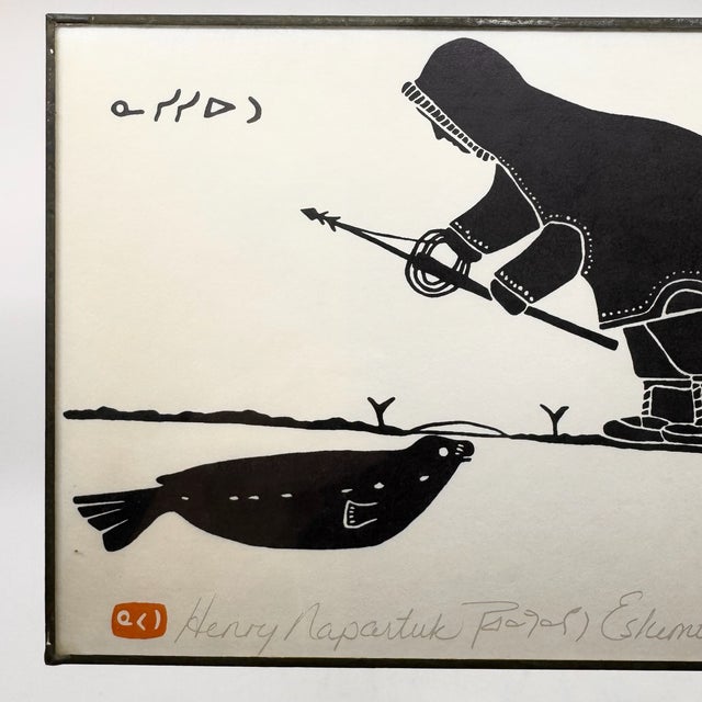Vintage Inuit Print “Eskimo at the Seal Hole” by Henry Napartuk, Signed Details: Vintage mid-century original Inuit...