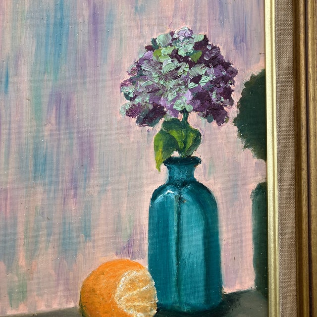 Impressionist 1960’s Original Still Life Painting With Hydrangea &Orange Signed Chunky Vintage Gold Frame For Sale - Image 3 of 4