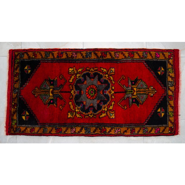 Hand Knotted Small Turkish Rug. Organic Wool 1960's Entryway Decor DoorMat, Accent Rug - 21'' X 42'' For Sale - Image 9 of 12