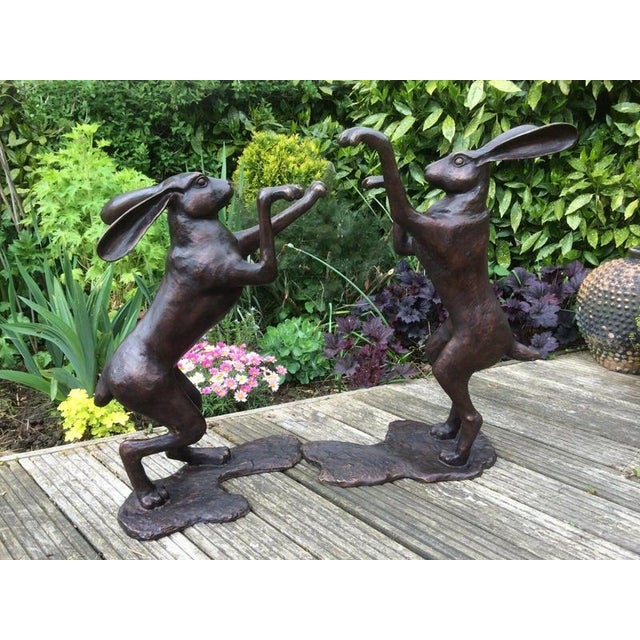Large Cast Bronze Boxing Hares Sculptures For Sale - Image 6 of 9