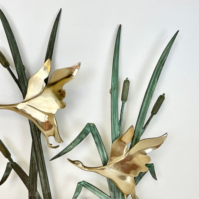 1970s Vintage Arts & Crafts Boho Chic Brass Ducks With Verdigris Bronze Cat Tails Wall Sculptural Object. For Sale - Image 4 of 10