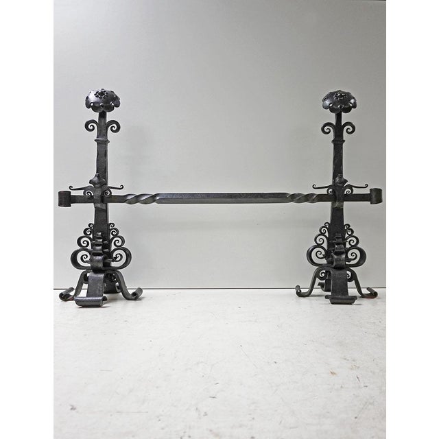 Cast iron and wrought iron fire dogs, andirons with matching cross bar, ca 1920 Hand-forged craftsmanship in the pure...