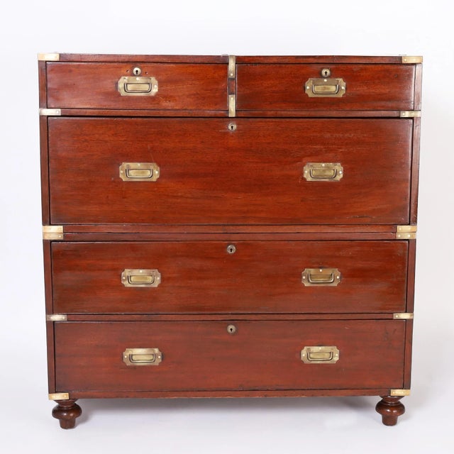 Handsome 19th century British colonial campaign chest hand crafted in mahogany with classic two piece construction, five...
