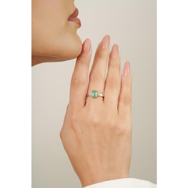 Natural Emerald Octagon Cut Engagement Ring With Diamond Accents in 925 Silver- Size 7 For Sale - Image 4 of 11