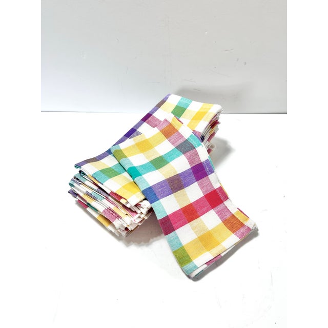 Mid-Century Modern Vintage Plaid Linen Napkins – Multicolor Check Mid-Century Table Linens Cottage Kitchen - Set of 10 For Sale - Image 3 of 5