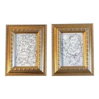 Gallery Wall Collection 2 Vintage Wayne Cunningham Abstract Ink Drawings Frames - Set of 2 For Sale