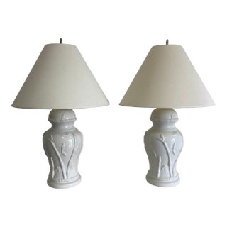 Palm Beach Regency Ginger Jar White Glazed Porcelain Table Lamps - A Pair For Sale