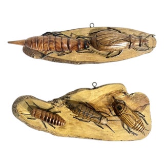Set of 2 Vintage French Provincial Hand Carved Wood Folk Art Bugs Insects For Sale