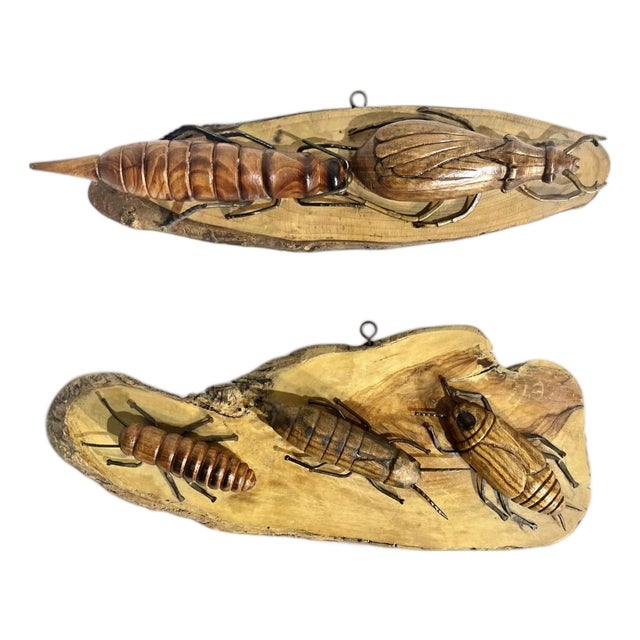 Set of 2 Vintage French Provincial Hand Carved Wood Folk Art Bugs Insects For Sale