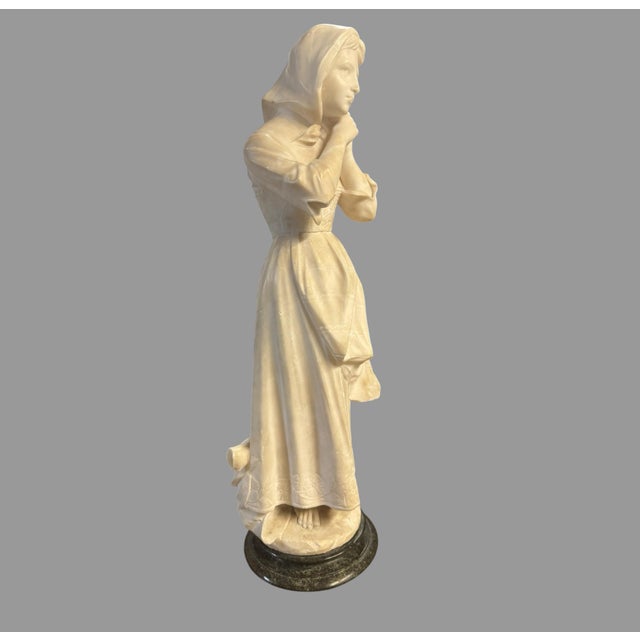 Antique Carved Alabaster Maiden Woman Sculpture Signed 24” Figure Marble Base For Sale - Image 4 of 10