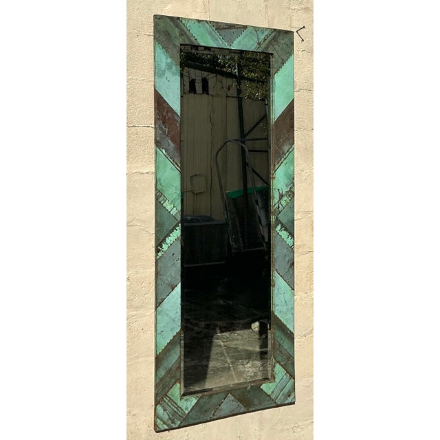 Boho Chic Vintage Boho Chevron Verdigris Copper Floor Mirror For Sale - Image 3 of 12