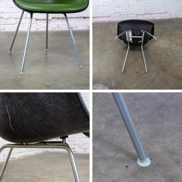 1971 MCM Eames Herman Miller Molded Fiberglass Shell Armchair Upholstered Green Naugahyde Galvanized H Base For Sale - Image 17 of 18