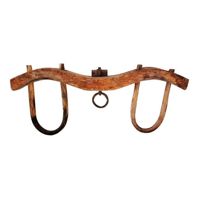19th Century Hand Hewn Double Ox Yoke With Original Bentwood Bows & Hand Forged Iron Hardware For Sale