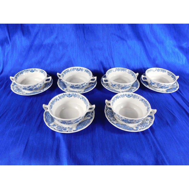 Traditional Set of Six Ridgway Windsor Blue Flat Cream Soup Bowls With Underplates For Sale - Image 3 of 6