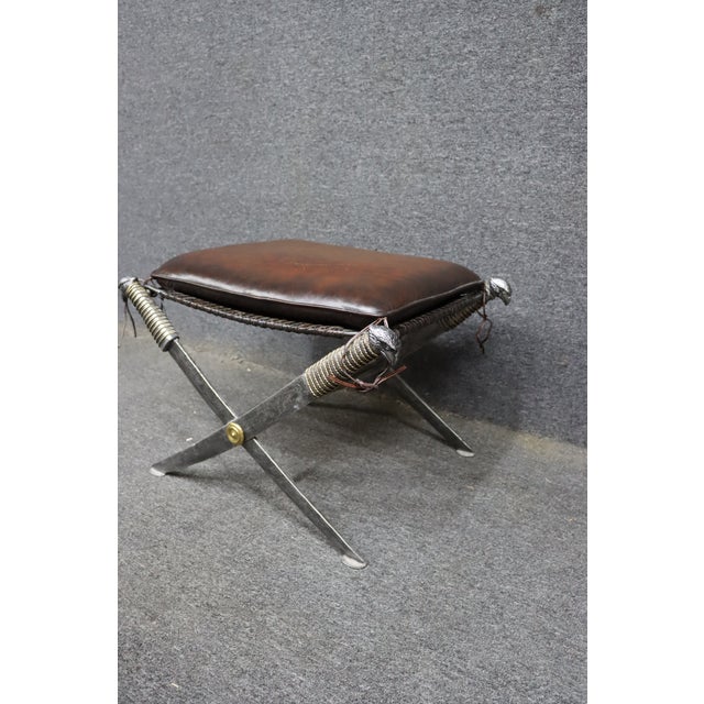 Late 20th Century Maitland-Smith Leather X-Base Stool With Cast Eagle Heads For Sale - Image 5 of 14