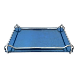 Art Deco Blue Glass and Chrome Tray For Sale