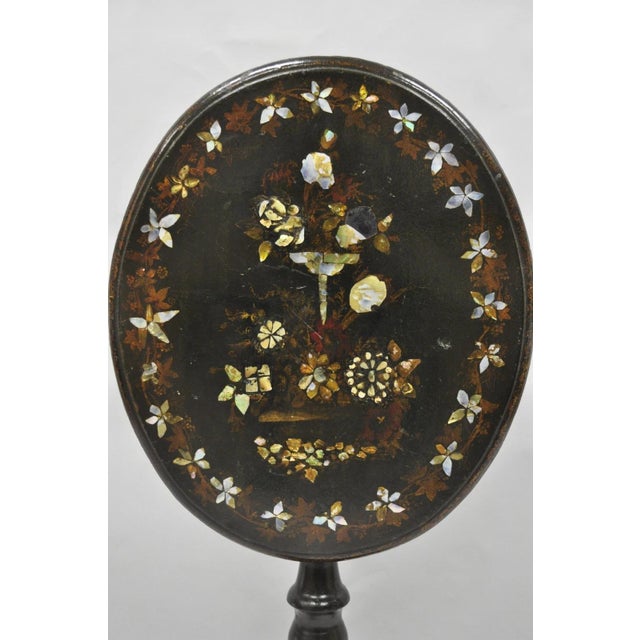 Antique English Victorian Hand Painted Black Lacquer Tilt Top Pedestal Base Side Tea Table with Mother of Pearl Inlay on...