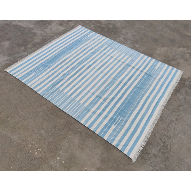 Mid-Century Modern Handmade Reversible Cotton Vegetable Dyed Blue and White Striped Rug-6'x9' For Sale - Image 3 of 12