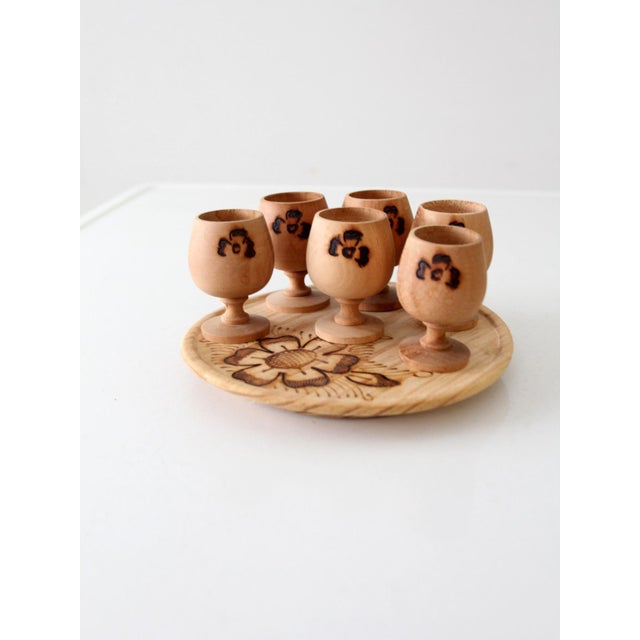 Wood Vintage Folk Art Cups With Tray Set For Sale - Image 7 of 11
