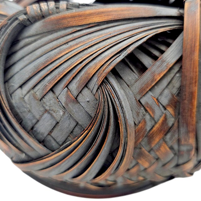 Japanese Showa Period Bamboo Ikebana Basket With Ajiro Weave 8" For Sale In San Francisco - Image 6 of 11