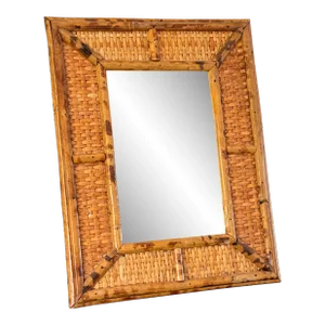 Vintage Tortoise Rattan Bamboo Tabletop Framed Mirror.