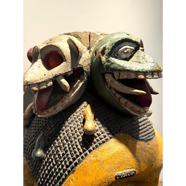 Large Wood Sculpture Yoruba Gẹ̀lẹ̀dẹ́ Helmet Mask on Display Stand For Sale - Image 15 of 16