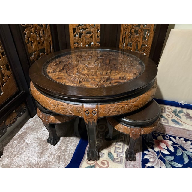 Mid-20th Century Hand-Carved Chinese Low Tea Table Set With 4 Nesting Stools & Matching Folding Screen - 6 Pieces For Sale - Image 4 of 12
