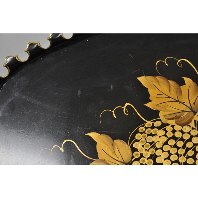 Vintage French Country Black and Gold Hand Painted Oval Toleware Serving Tray For Sale - Image 12 of 15