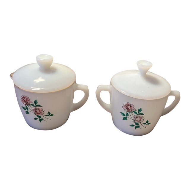 Vintage Fire-King Anniversary Rose Sugar & Creamer Set For Sale