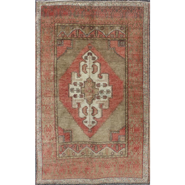 Textile Vintage Mid-Century Turkish Oushak Rug With Olive Green and Soft Red 3′7″ × 6′1″ For Sale - Image 7 of 7