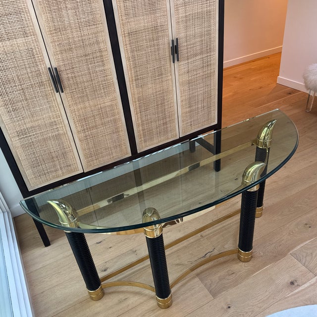 Wood 1970s Italian Brass and Glass Console Table With Faux Rope and Tusk Detail Attributed to Renato Zevi For Sale - Image 7 of 12
