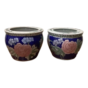 Mid 20th Century Chinese Porcelain Enamel Asian Style Flower Jardinieres - Set of 2