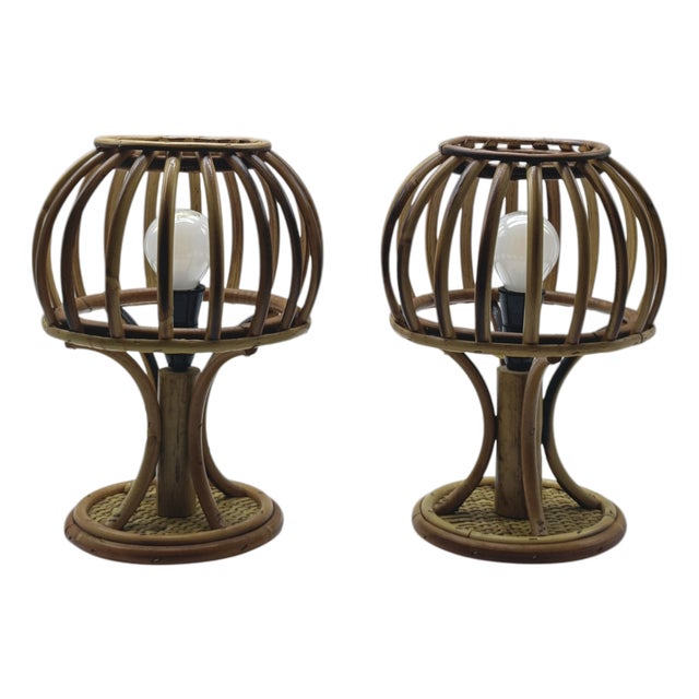 Bamboo and Rattan Table Lamps in the style of Louis Sognot, Italy, 1960s, Set of 2 For Sale
