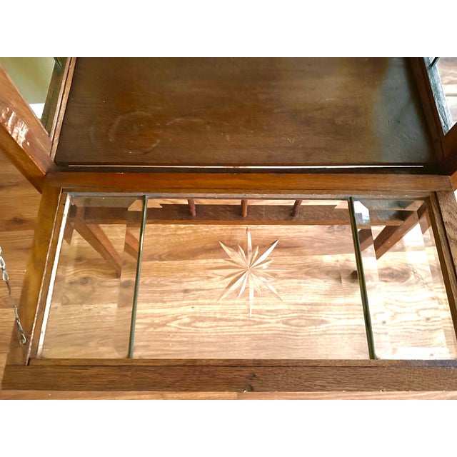 Antique Wood Liquor Tea Cabinet With Removable Top Tray Etched Glass Front Door Access For Sale - Image 12 of 12