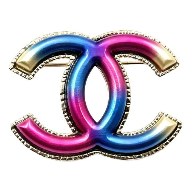 Chanel Gold CC Fuchsia Blue Brooch For Sale