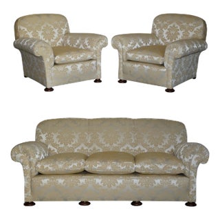 Victorian Damask Upholstery Sofa & Armchair Club Suite with Turned Bun Feet, Set of 3 For Sale