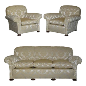 Victorian Damask Upholstery Sofa & Armchair Club Suite with Turned Bun Feet, Set of 3