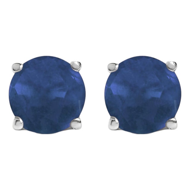 14K White Gold 5X5MM Round Blue Sapphire Solitaire Stud Earrings For Sale