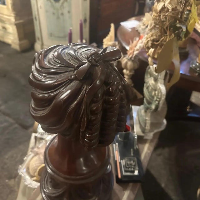 1900s A Sicilian Art Nouveau Wood Sculpture of a Bust of a Young Woman For Sale - Image 9 of 17