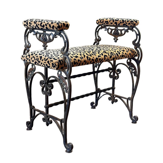 1930's Wrought Iron Spanish Baroque Leopard Upholstered Bench For Sale