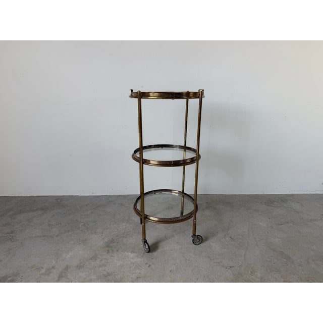 Metal 1970’s Maison Jansen Style Italian Hollywood Regency Brass & Glass Three-Tier Rolling Bar Cart With Removable Trays For Sale - Image 7 of 12