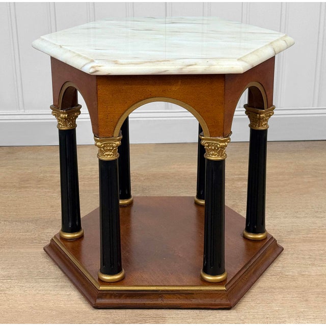Neoclassical Vintage Neoclassical Marble Top Column Hexagon Side Table For Sale - Image 3 of 6