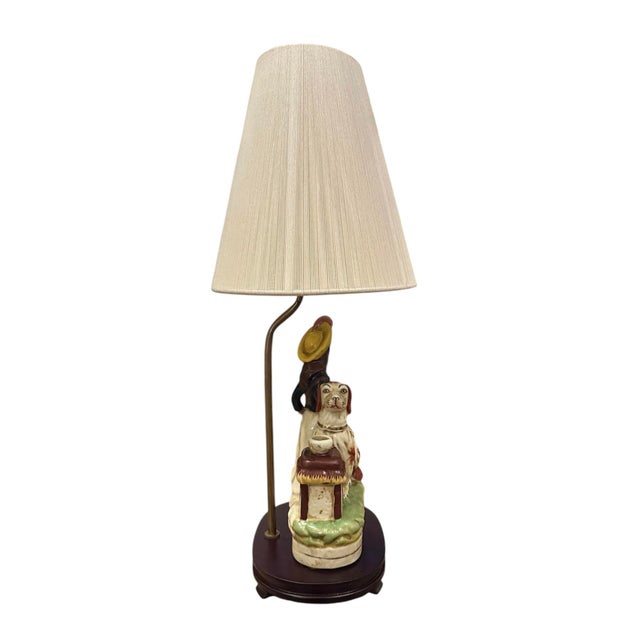 Mid 20th Century Antique English Staffordshire Pottery Dog & Girl / Lady Figural Lamp With Ivory Silk String Shade. For Sale - Image 5 of 9