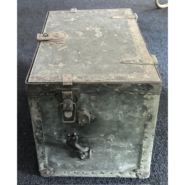 Early 20th Century Old Metal Trunk With Leather Handles For Sale - Image 5 of 6