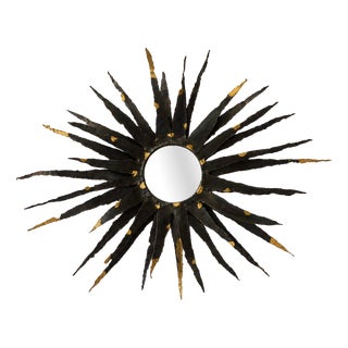 Large Brutalist Sunburst Mirror in Patinated Metal with Gilt Highlights, Europe, 1970 For Sale