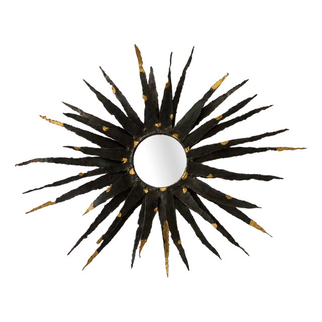 Large Brutalist Sunburst Mirror in Patinated Metal with Gilt Highlights, Europe, 1970 For Sale