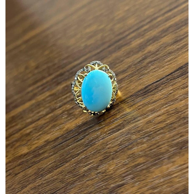 Blue Teal Turquoise Champagne Diamonds Halo 14k Yellow Gold Statement Ring, Size 6 For Sale - Image 4 of 12