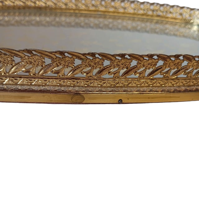 Vintage Vanity Tray Ornate Gold Filigree Rim With Gold and Silver Bird Motif Under Glass For Sale - Image 11 of 15