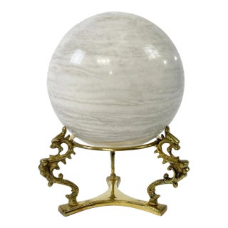 Vintage Large Marble Sphere Orb on Brass Dragon Serpent Stand For Sale